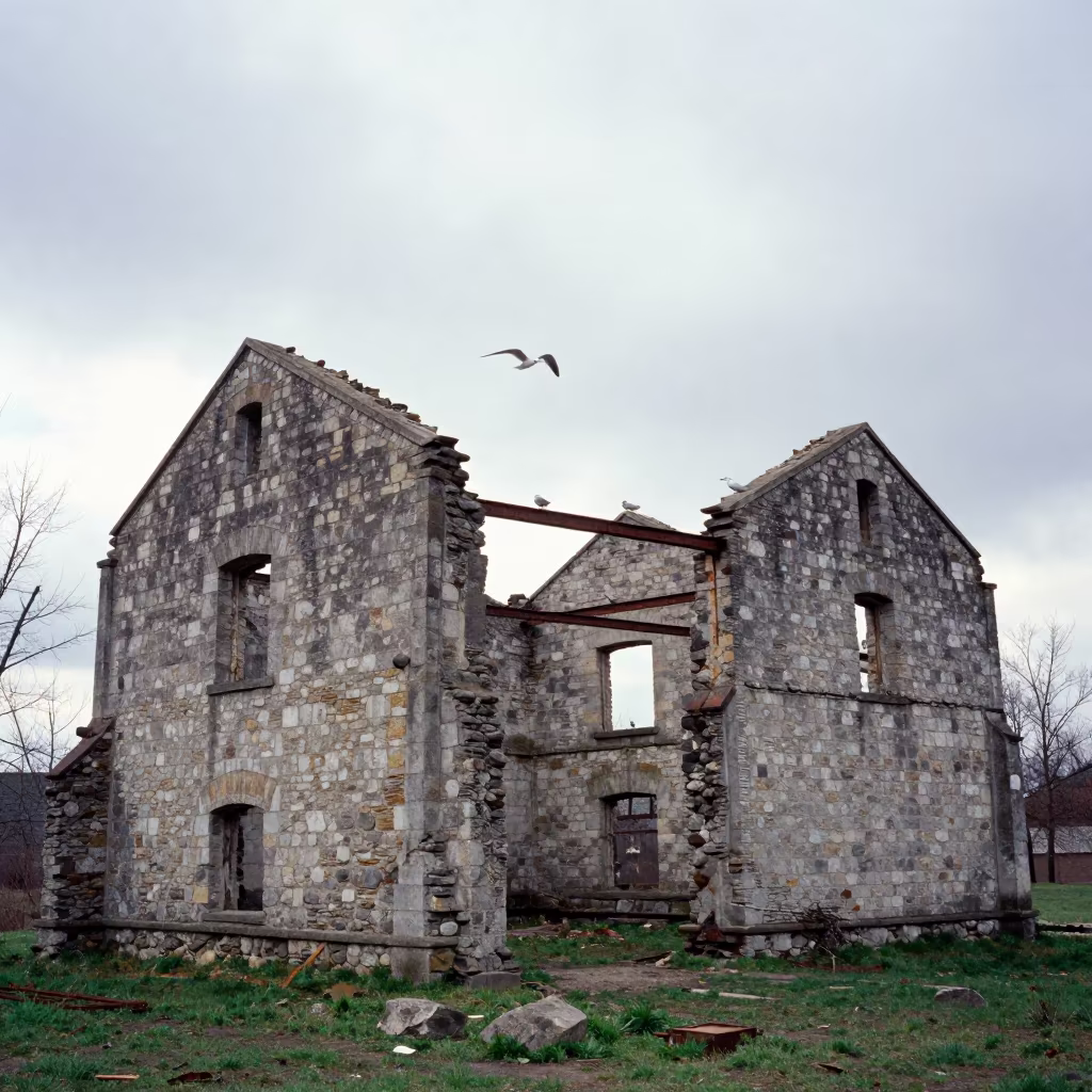 Ruined Pier Warehouse Near Lodz in Spring in among roofless stone chambers near Łódź