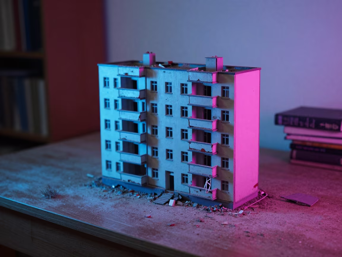 Ruined Soviet Block on Library Table in on a dusty library table in Moscow