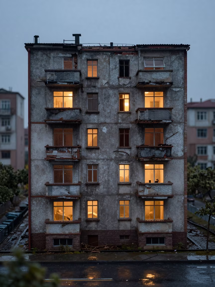Ruined Soviet Block on Stone Ledge in on a stone ledge in Ondjiva