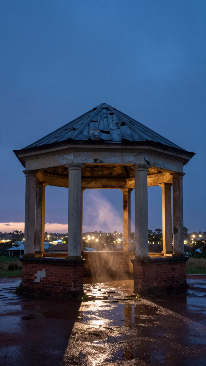 Ruined Station House Under Buckled Roof in Twilight in inside a roofless hammam in New South Wales