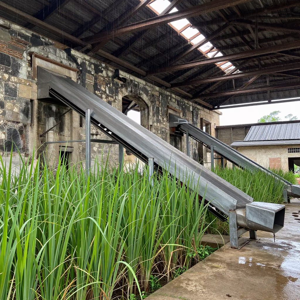 Ruined Sugar Mill Amidst Tall Grass in Antsirabe in inside a packing hall with stainless conveyors in Antsirabe