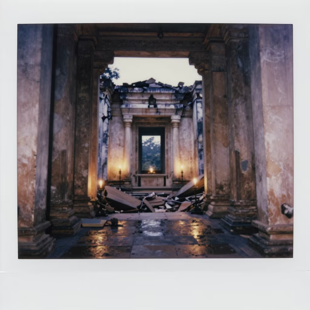 Ruined Temple Pillars in Candlelit Hoima Nave in inside a candlelit nave in Hoima