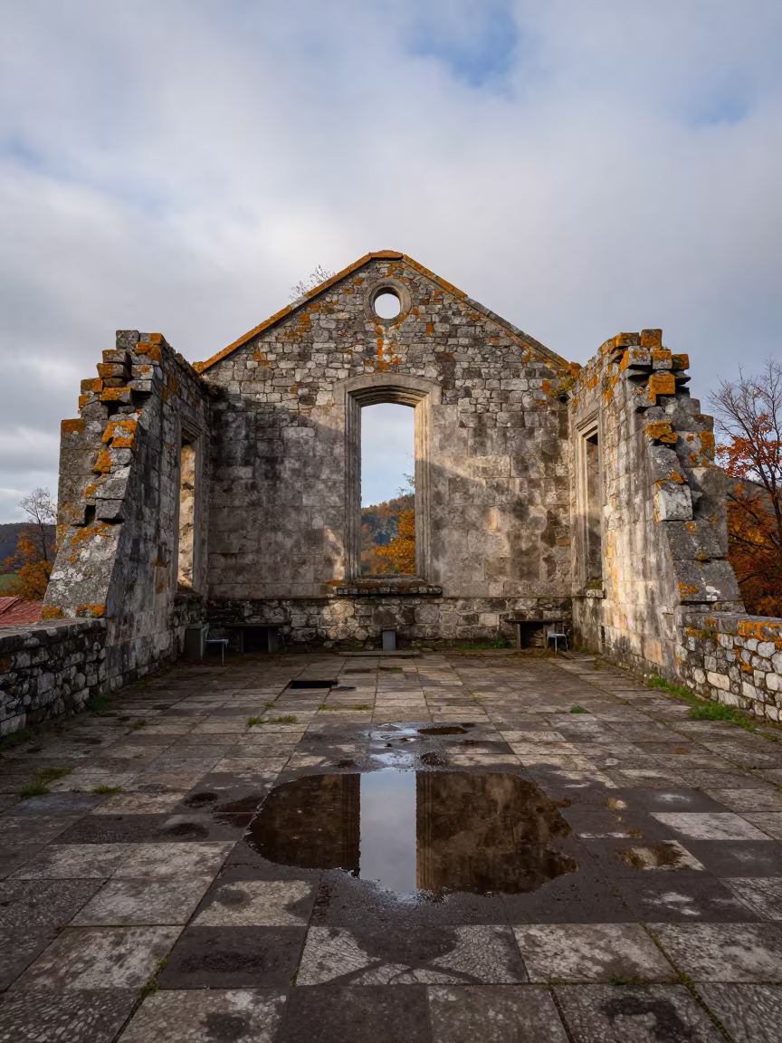 Ruined Textile Hall Slovakia Late Afternoon in among roofless stone chambers in Slovakia