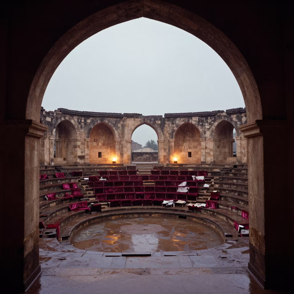 Ruined Theater Balcony Senegal Rain Dusk in among roofless stone chambers in Senegal