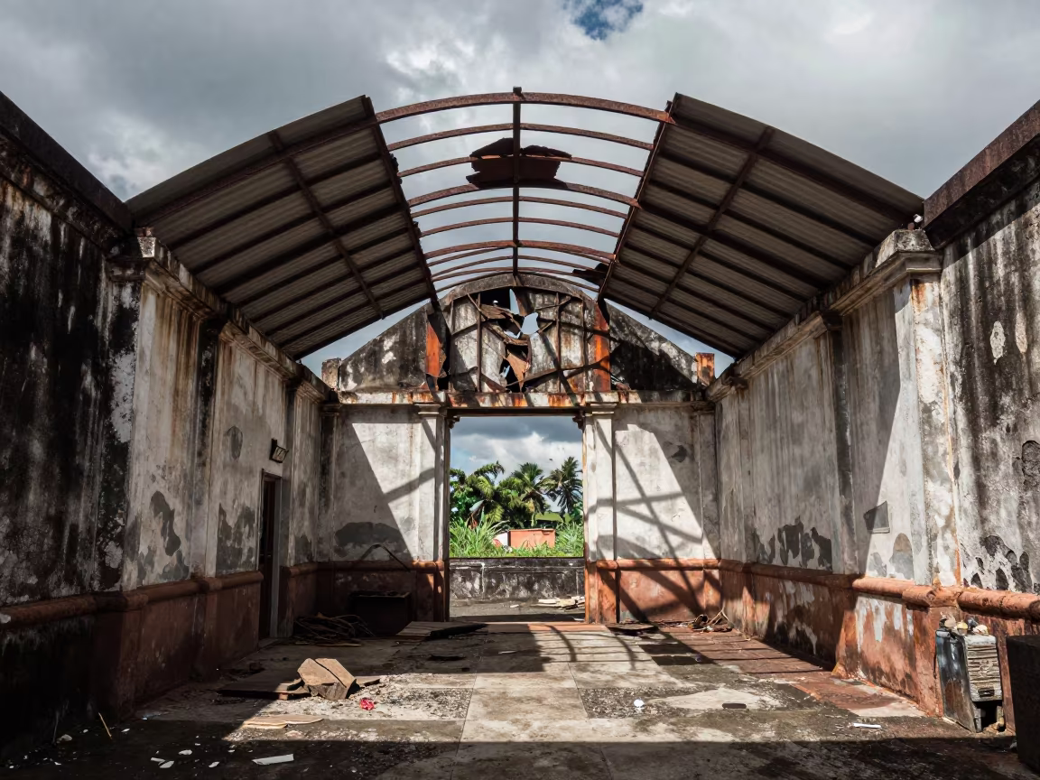 Ruined Tunnel Station Broken Gauges Skylight Noon in inside a roofless nave near Lombok