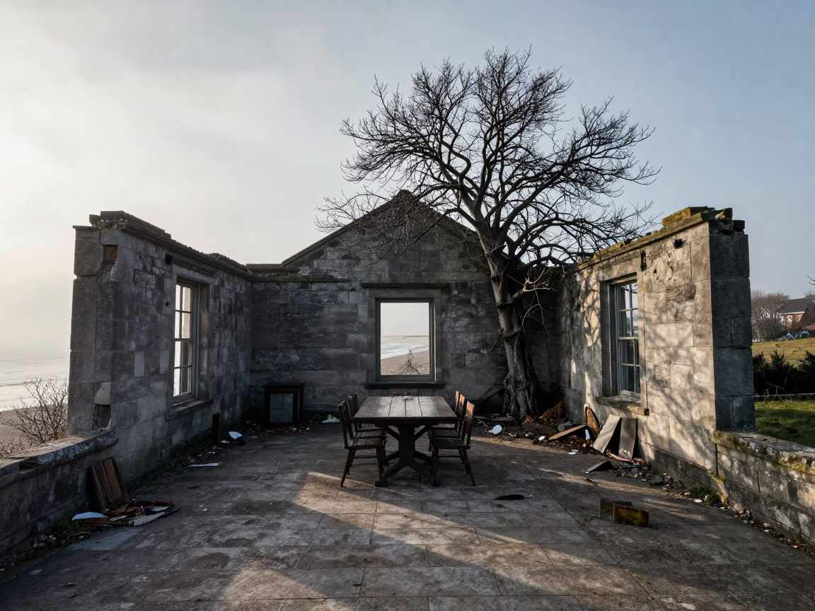 Ruined Villa Dining Room Fig Leaves Fog Exeter in among roofless stone chambers near Exeter