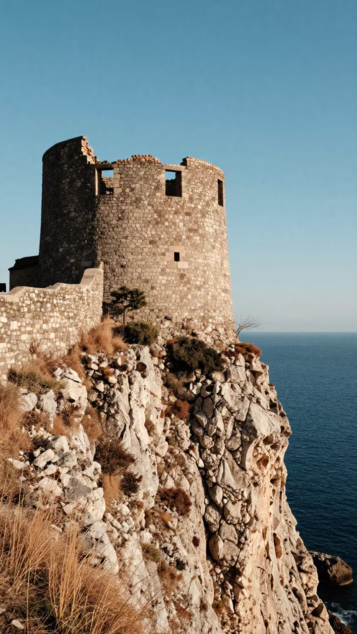 Ruined Watchtower on Naples Sea Cliff in near Vomero, Naples