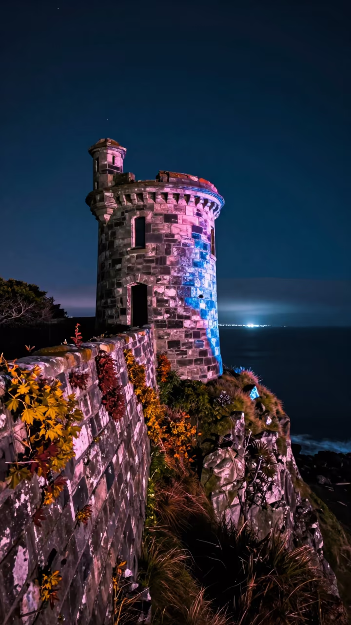 Ruined Watchtower Neon Night Sea Cliff Auckland in near Auckland