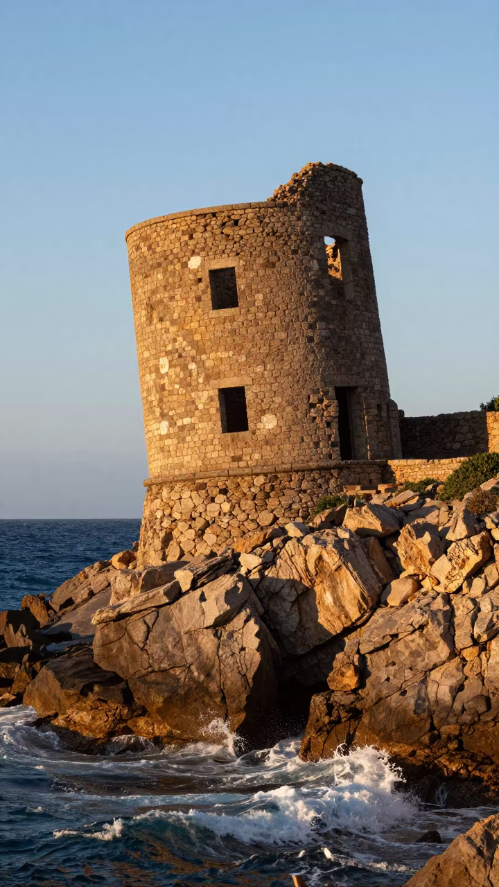 Ruined Watchtower on Sardinian Sea Cliff Sunset in in Sardinia