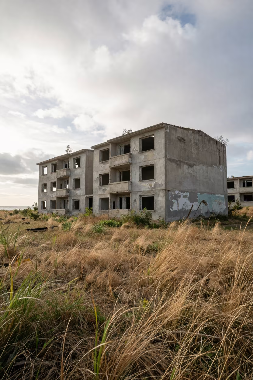 Ruined Workers Housing Block in Late Summer Glare in through a courtyard reclaimed by grasses near Nis