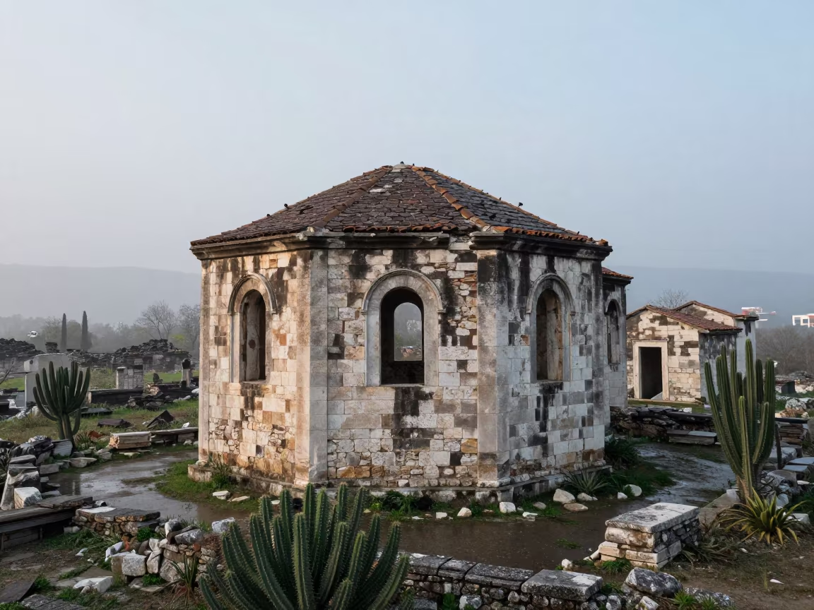 Ruins Reclaimed by Cactus After Rain in inside a roofless nave near Izmir
