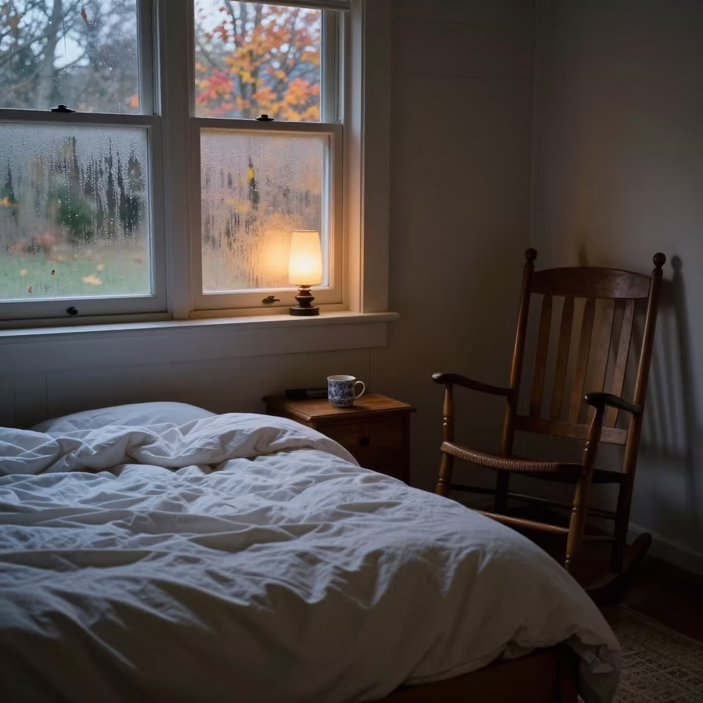 Rumpled Duvet and Coffee on Dundee Porch in on a porch with a rocking chair near Dundee