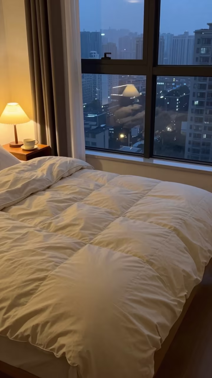 Rumpled Duvet and Coffee on Guiyang Nightstand in in a cozy kitchen near Guiyang