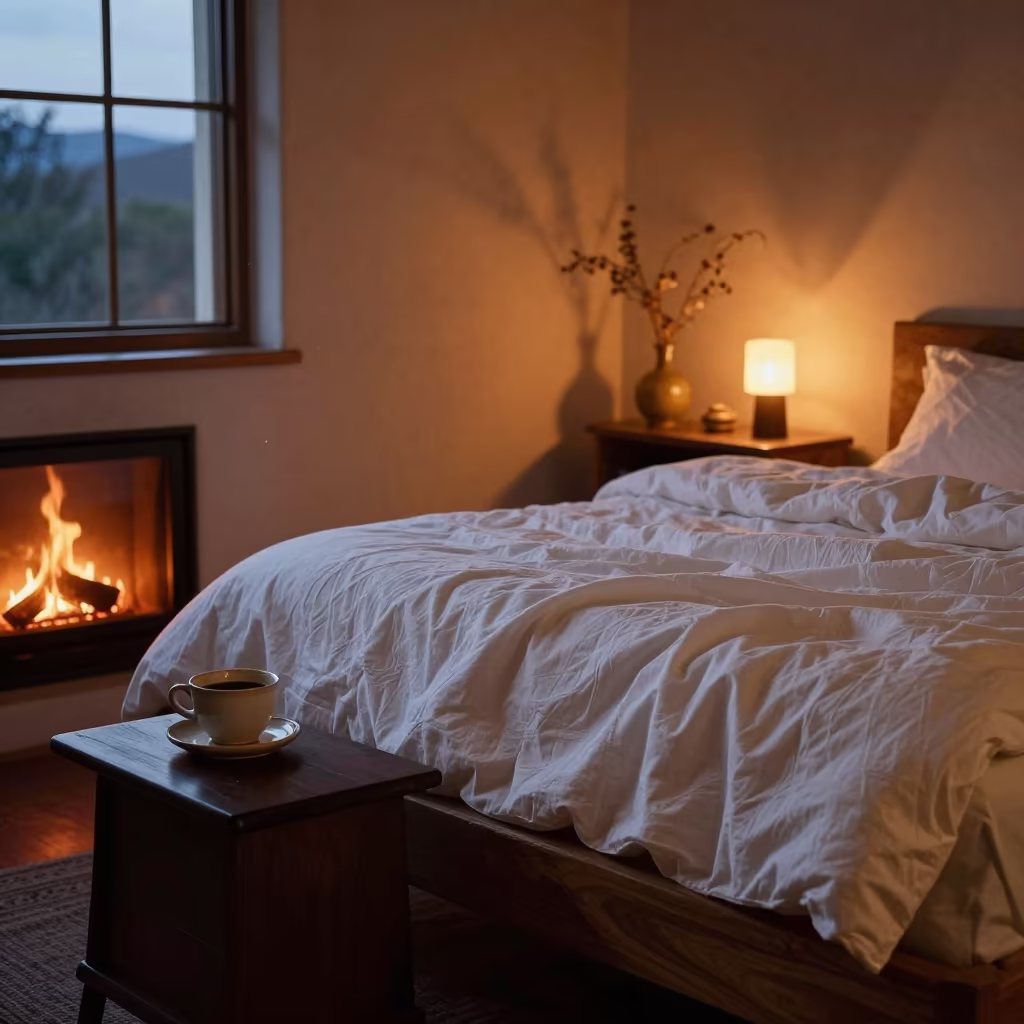 Rumpled Duvet Twilight Bedroom Tijuana Fireplace in by a crackling fireplace in Tijuana