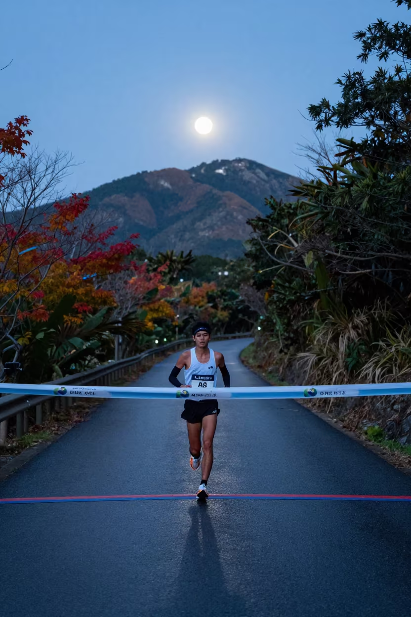 Runner Crossing Finish Line Pre-Dawn Okinawa in on a mountain path near Okinawa