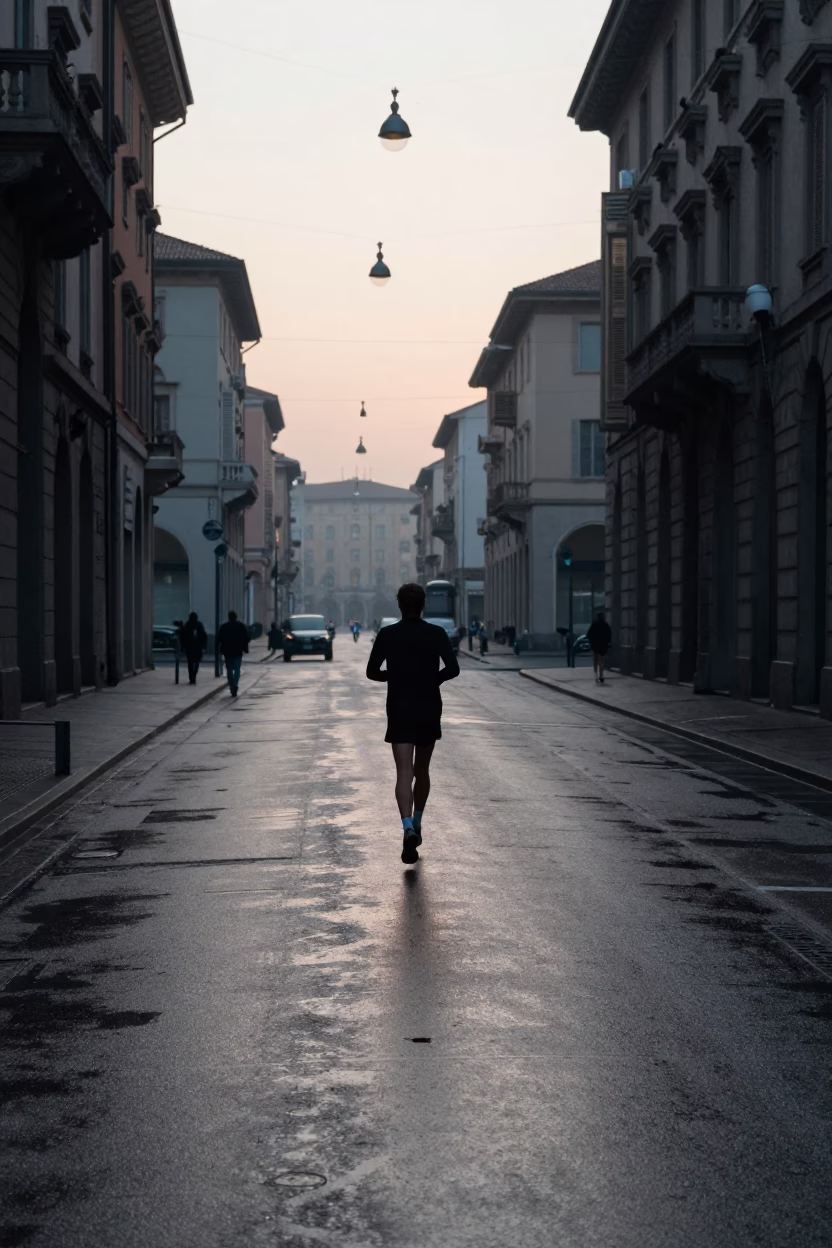 Runner in Milan at Sunrise Light in in Milan, Italy