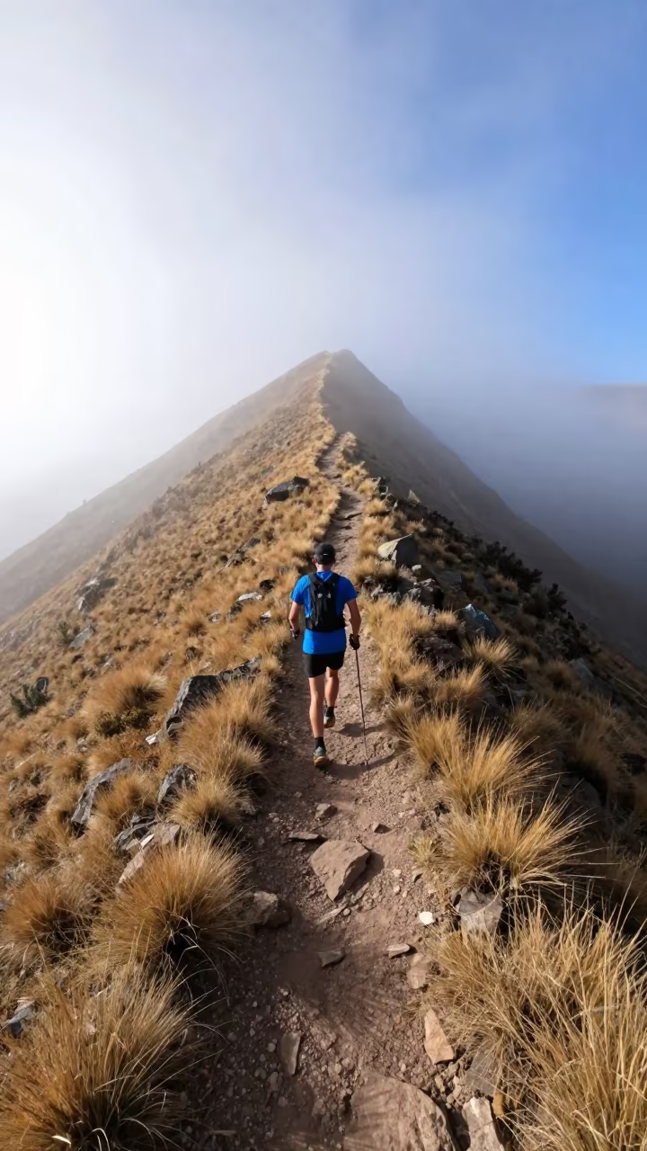 Runner on Misty Ridge Near El Alto in along a beach near El Alto, La Paz