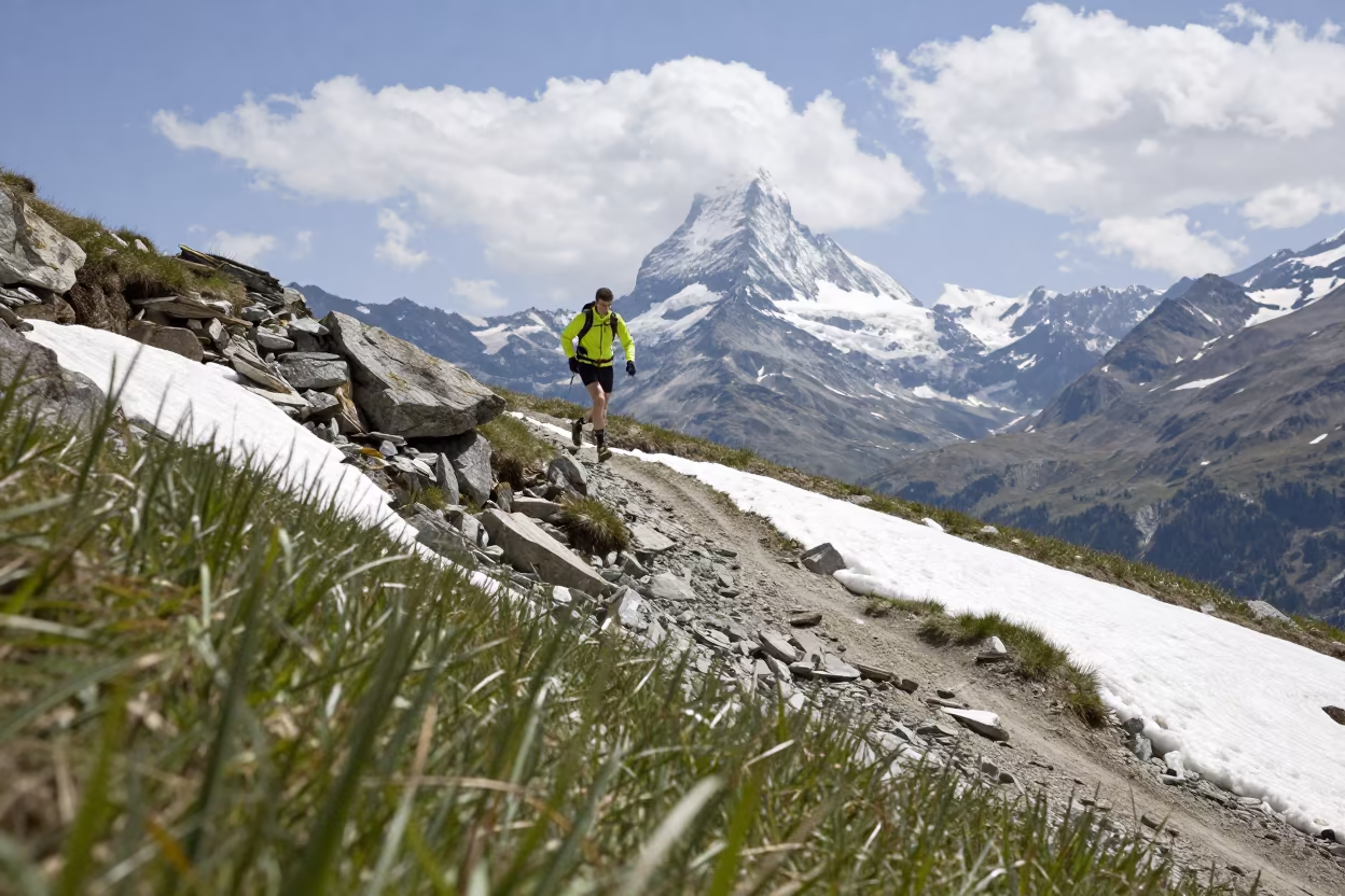 Runner on Ridge Near Zermatt Riverbank in by a riverbank near Zermatt