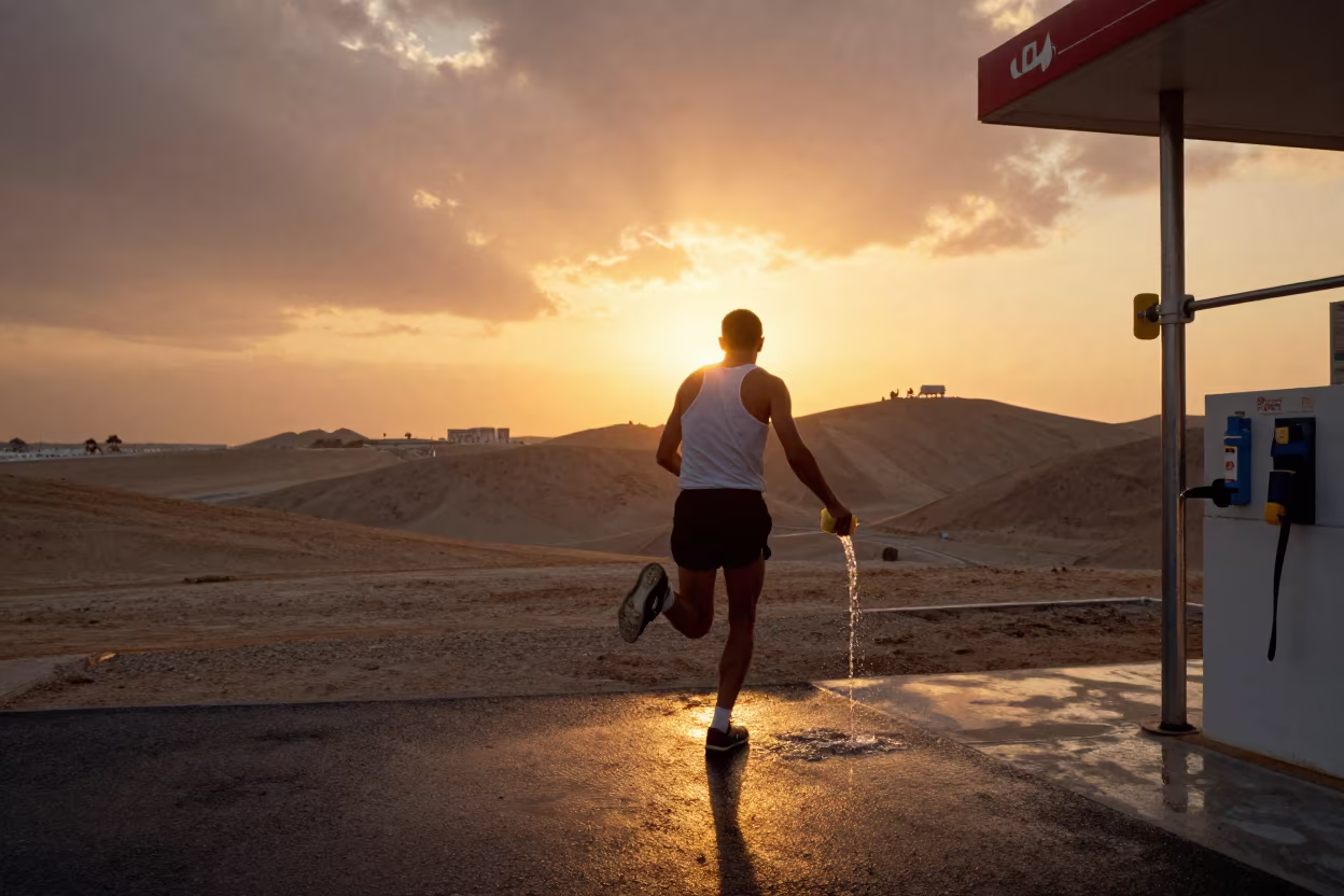 Runner Soaking Sponge at Station on Hillside in on a hillside near Manama