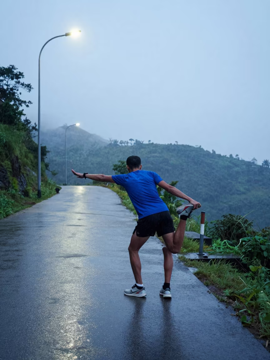 Runner Stretching Under Streetlamp on Alleppey Path in on a mountain path near Alleppey