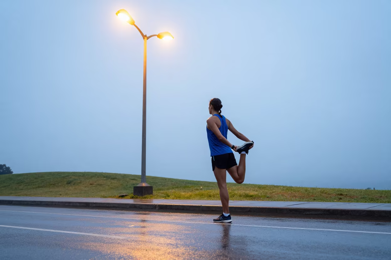 Runner Stretching Under Streetlamp Dawn Tlaquepaque in on a hillside near Tlaquepaque