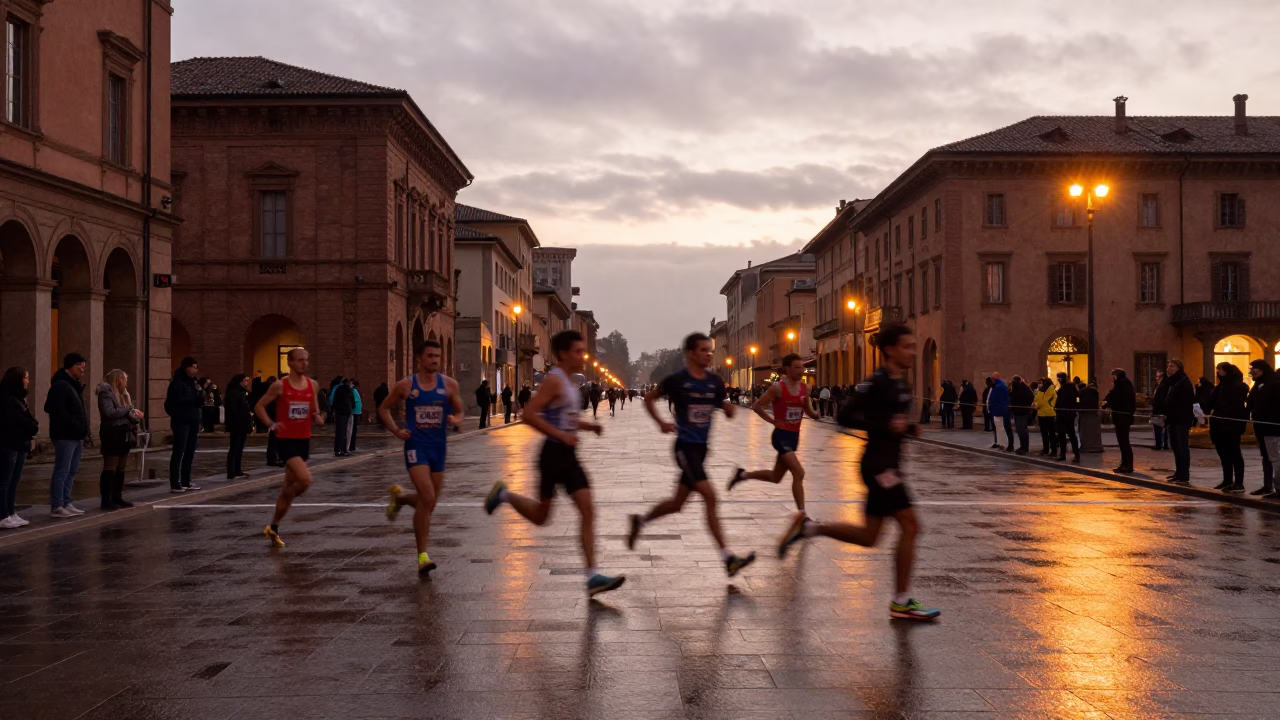 Runners Blur Across Bologna Finish Line Winter Sunset in in Bologna