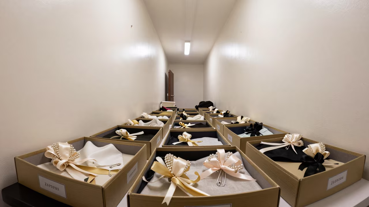Runway Corsages in Labeled Boxes Zapopan Backstage in in a backstage changing corridor near Zapopan