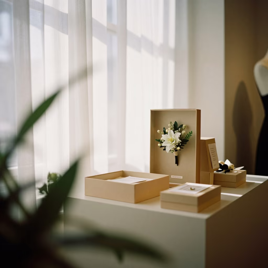 Runway Dress Corsage in Archival Boxes in inside a minimalist showroom near Klaipėda