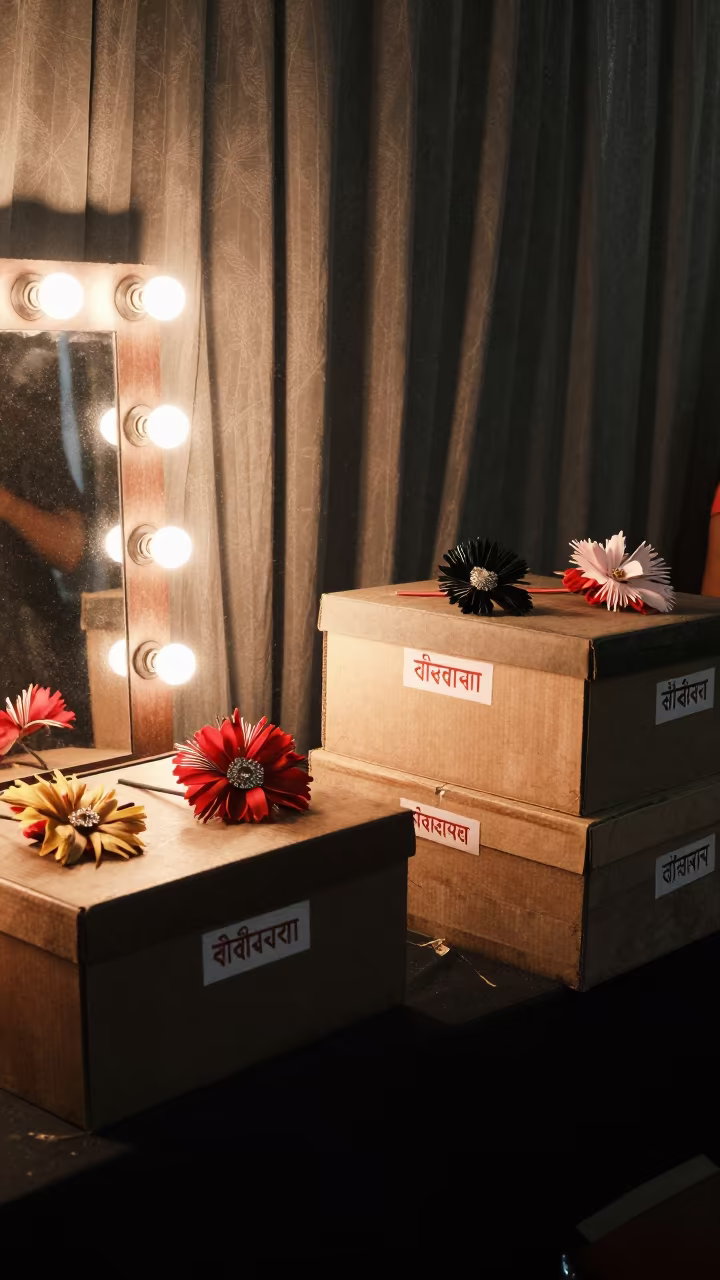 Runway Dress Corsage in Kolkata Monsoon Light in beside a mirror lined with makeup bulbs in Kalighat, Kolkata