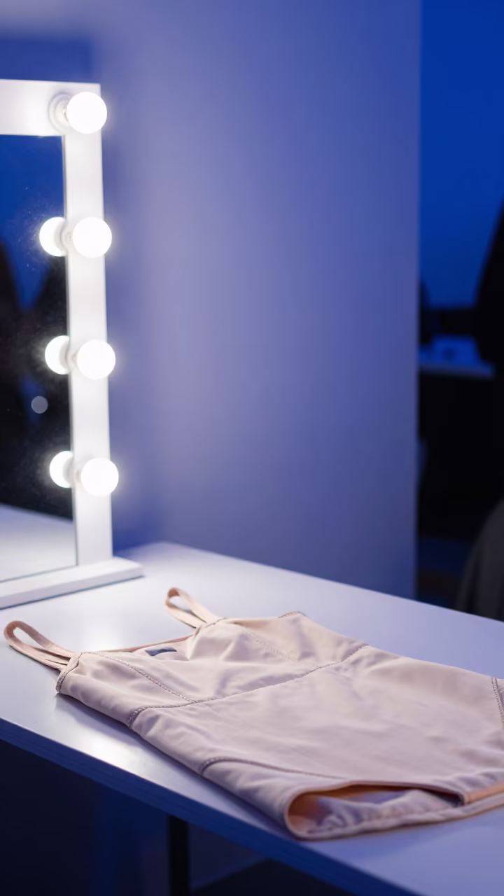 Runway Dress Straps Stitched Beside Neon Mirror in beside a mirror lined with makeup bulbs in Rennes