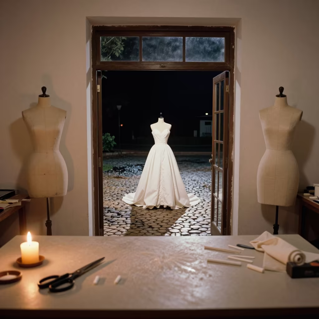 Runway Dress Train on Wet Cobblestones in at a tailoring table strewn with chalk and shears in Barinas