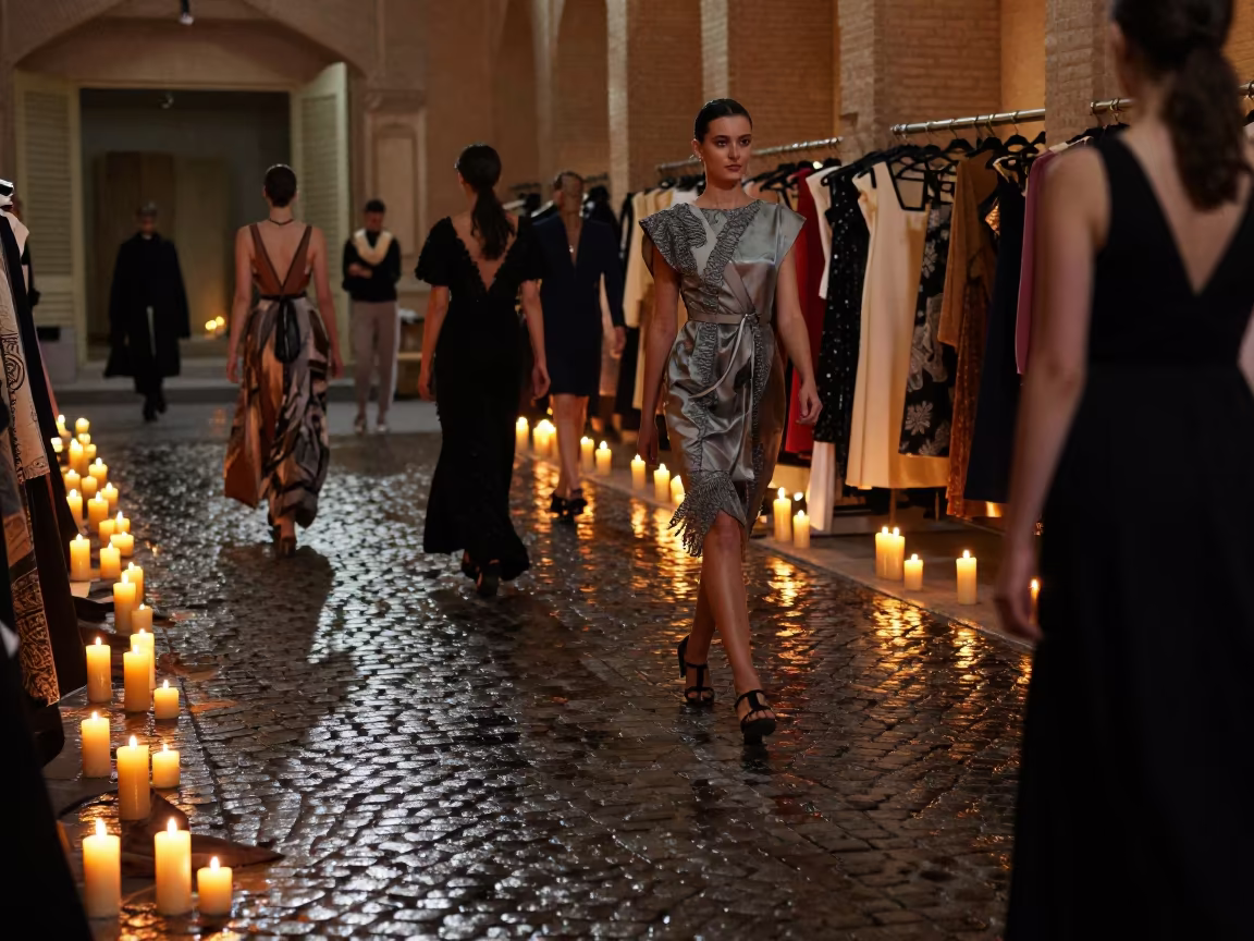 Runway Dress Train on Wet Cobblestones Shiraz Atelier in inside a couture atelier in Shiraz