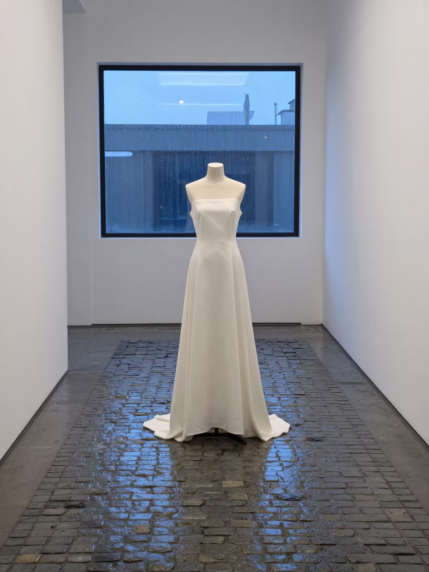 Runway Dress Train on Wet Cobblestones Before Sunrise in inside a minimalist showroom in Hpa-An