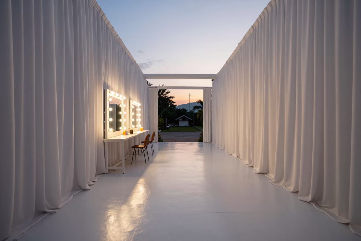 Runway Entrance Mirror Makeup Bulbs Chiang Mai Sunset in beside a mirror lined with makeup bulbs near Chiang Mai