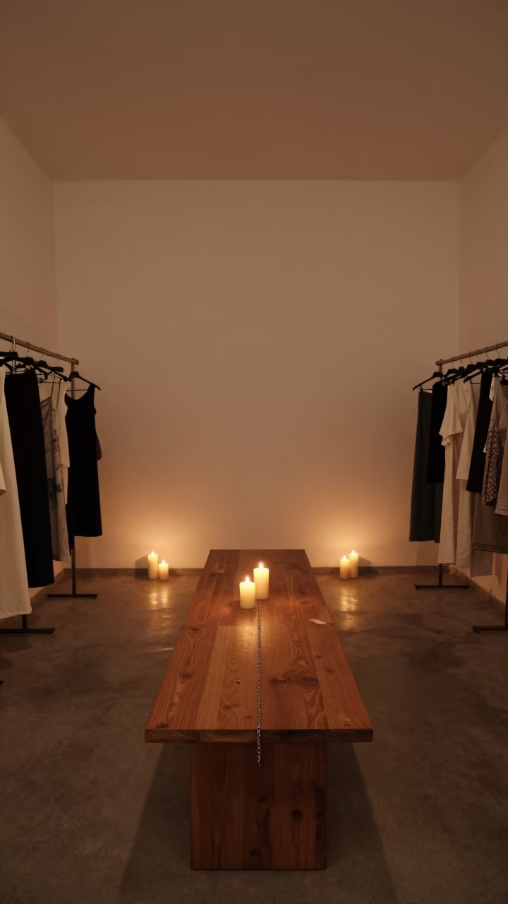 Runway Hem Weighted Chain on Atelier Bench in inside a minimalist showroom near Coatzacoalcos