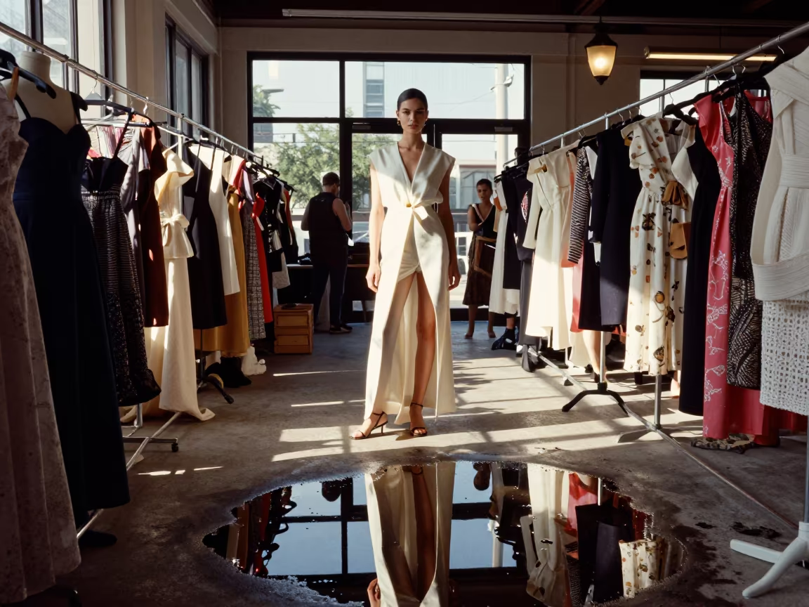 Runway Model Puddle Reflection Backstage Austin in inside a couture atelier near Rainey Street, Austin