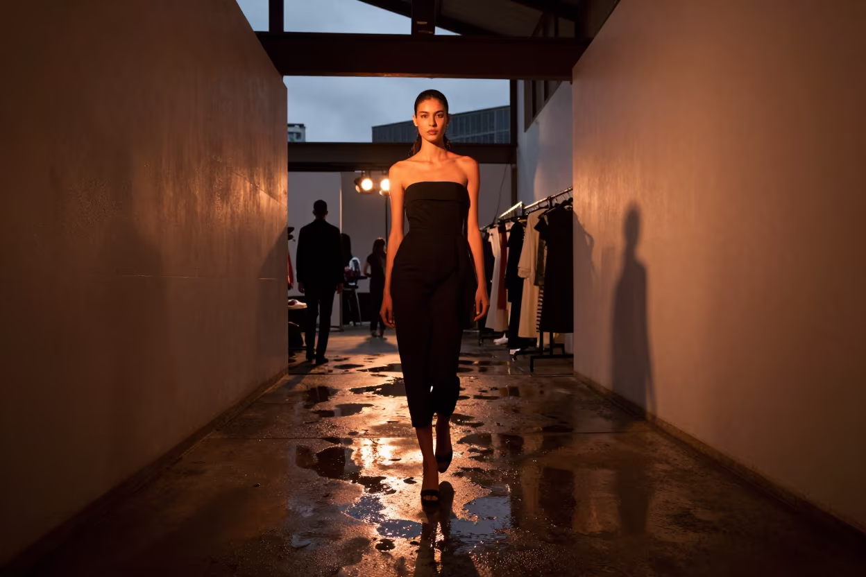 Runway Model Reflection in Bogota Atelier Puddle in inside a couture atelier in Teusaquillo, Bogota
