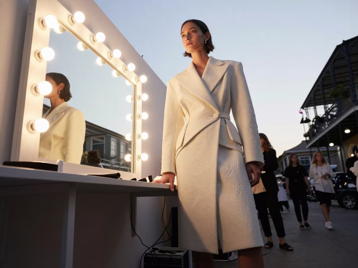 Runway Model in Sculpted Coat by Makeup Mirror in beside a mirror lined with makeup bulbs in New Orleans
