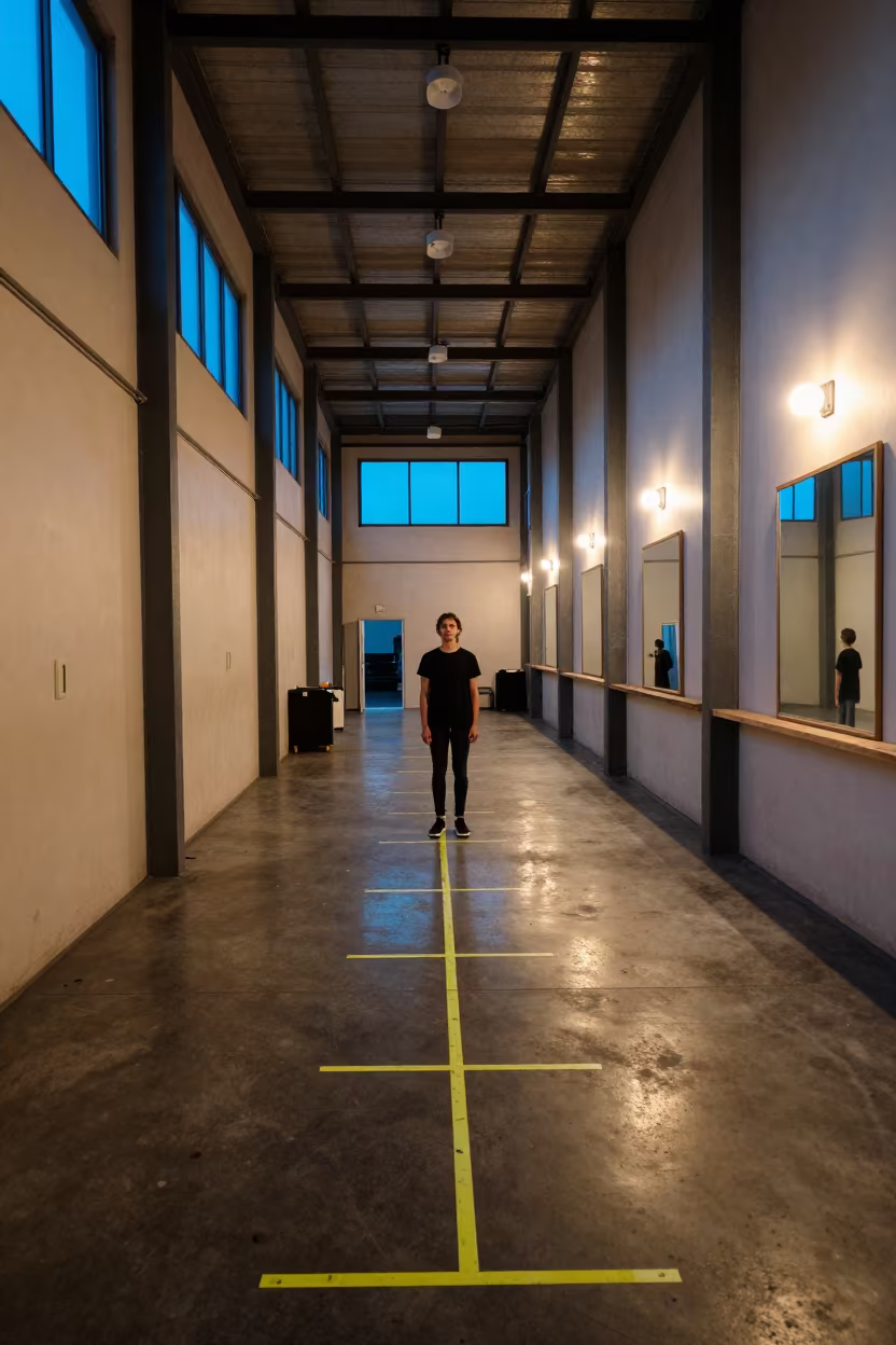 Runway Rehearsal on Taped Marks in Warehouse in in a backstage changing corridor near Victoria Seychelles