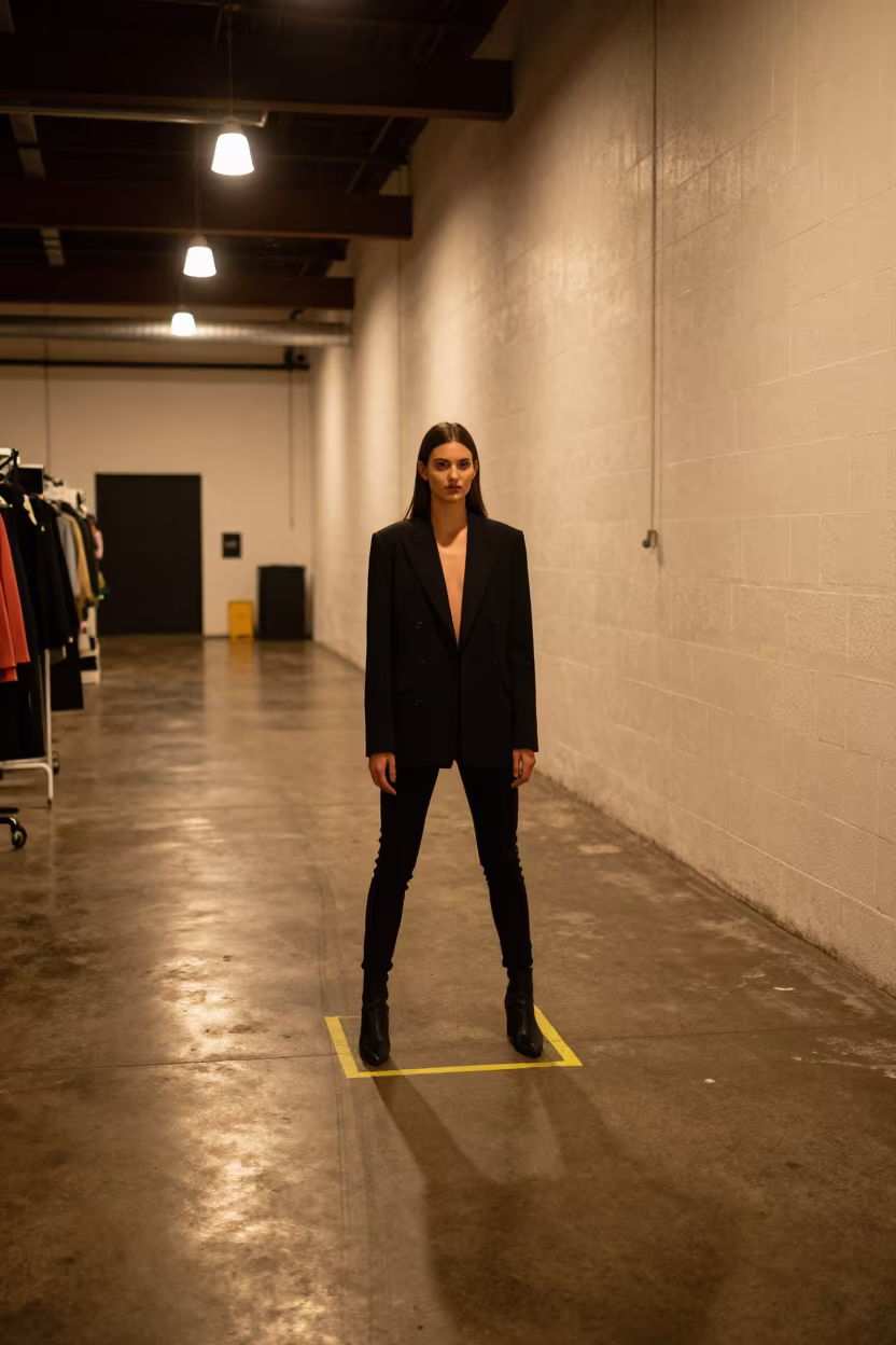 Runway Rehearsal in Tijuana Warehouse in in a backstage changing corridor in Tijuana