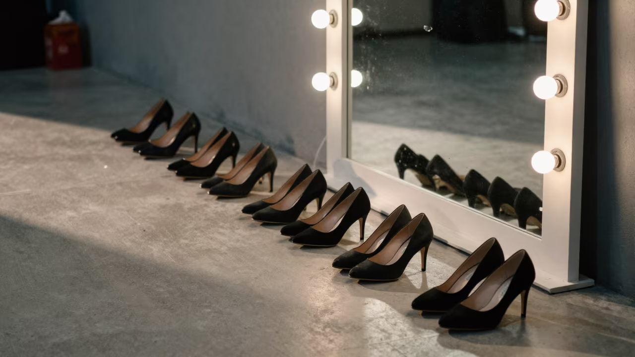 Runway Shoes Aligned on Tape by Mirror in beside a mirror lined with makeup bulbs near Tianjin