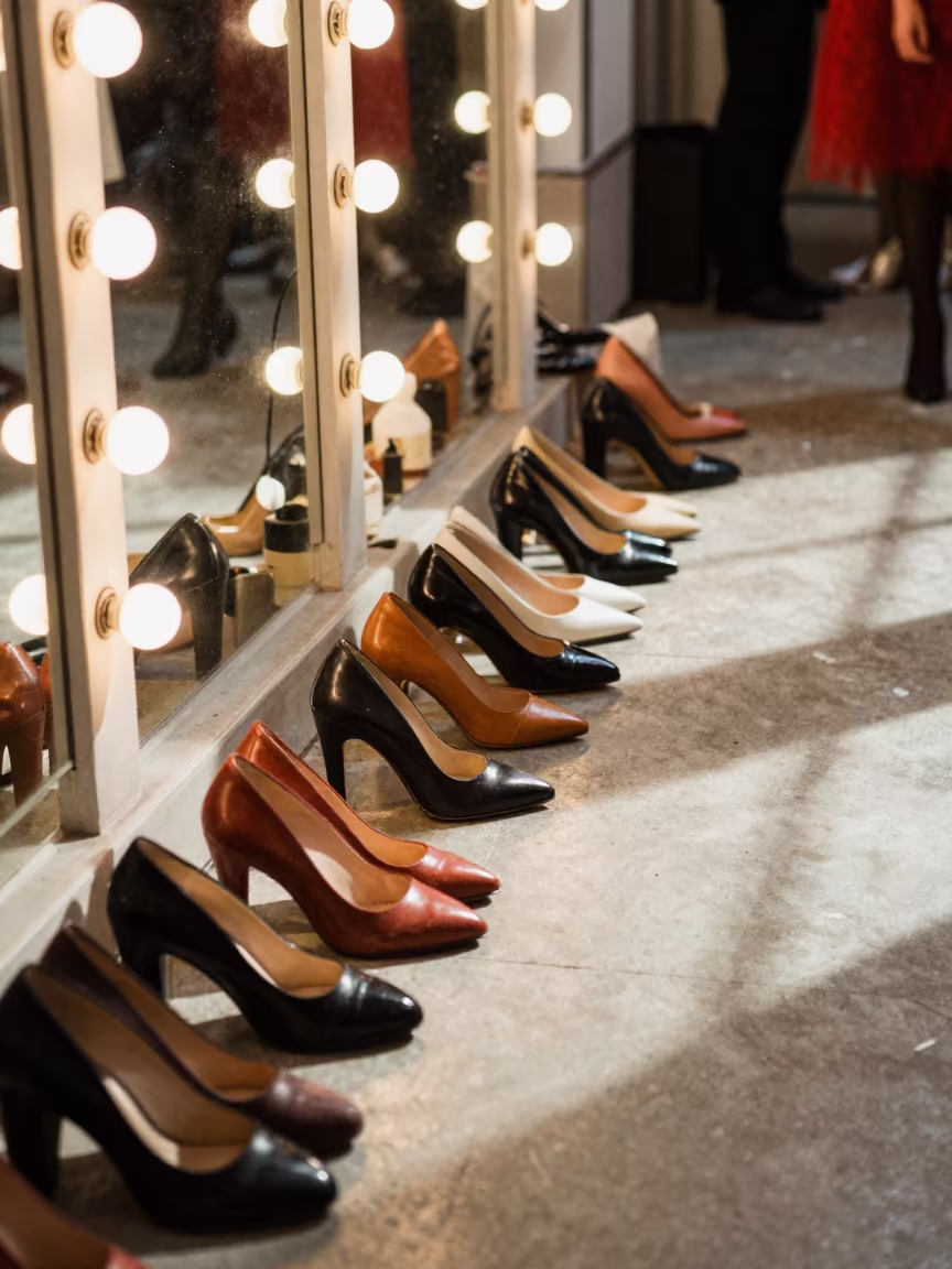 Runway Shoes Backstage Shanghai Autumn Light in beside a mirror lined with makeup bulbs near French Concession, Shanghai