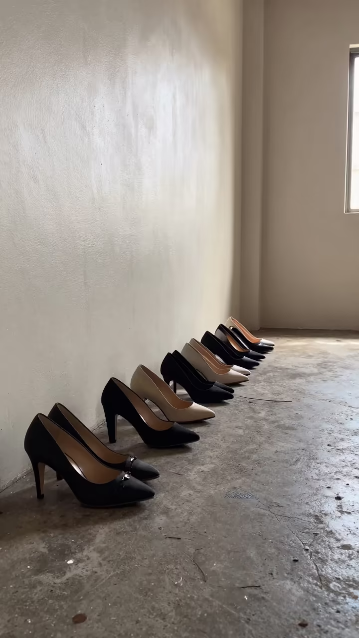 Runway Shoes on Concrete Backstage Floor in under runway rehearsal lights near Manaus