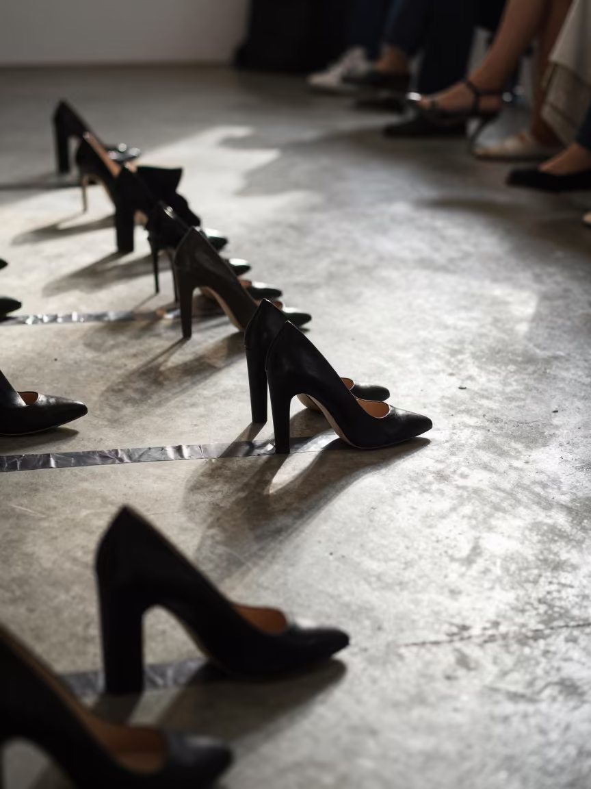 Runway Shoes Lined on Gaffer Tape in under runway rehearsal lights in Santiago de los Caballeros