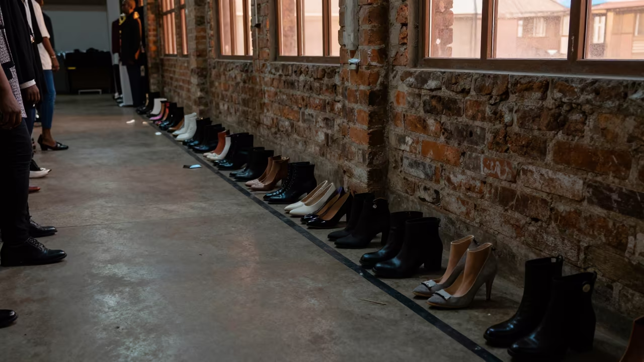 Runway Shoes On Tape Mbale Backstage in in a backstage changing corridor in Mbale