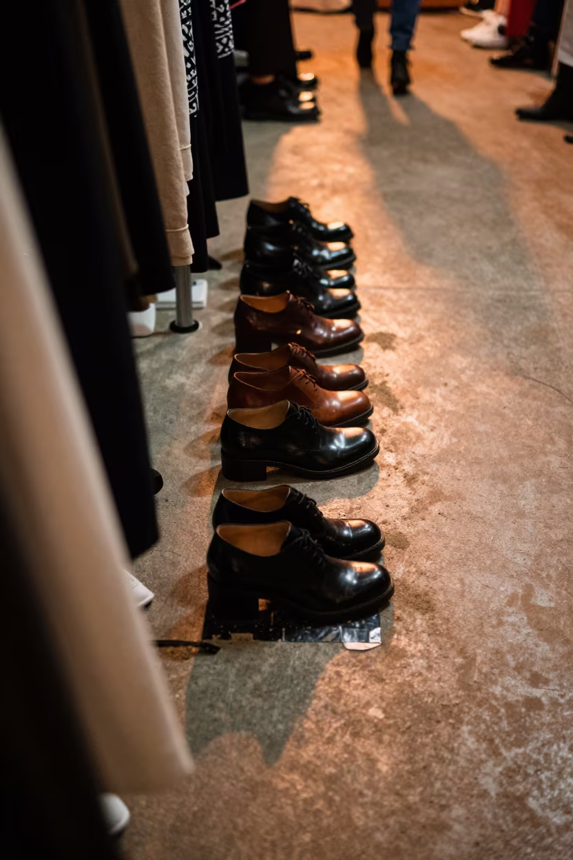 Runway Shoes on Tape Santa Fe Backstage in in a backstage changing corridor near Santa Fe