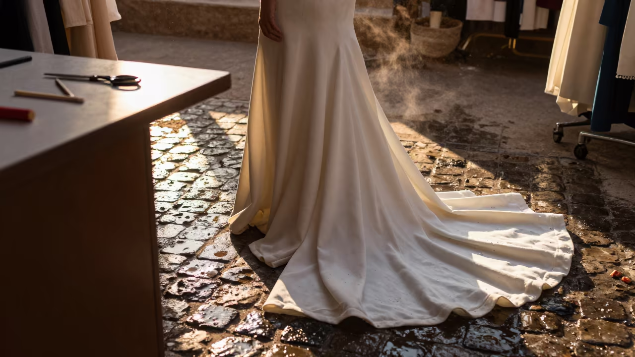 Runway Train on Wet Cobblestones Near Tailoring Table in at a tailoring table strewn with chalk and shears near Shibin Al Kawm