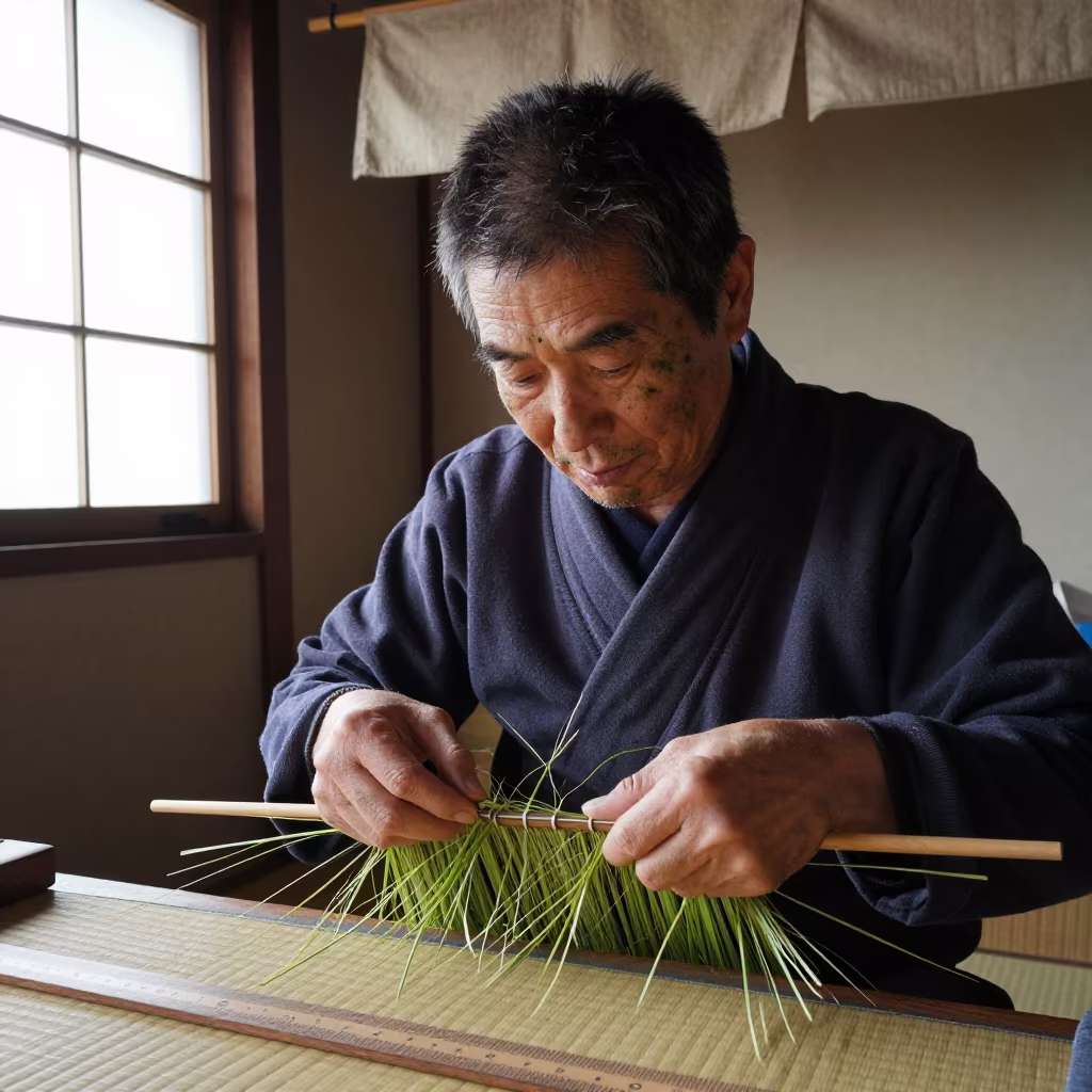 Rush Grass Stained Face of Tokyo Weaver in by a workshop window in Tokyo