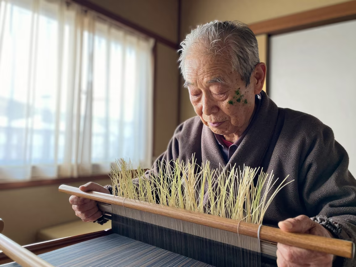 Rush Grass Stains on Weaver's Face in by a workshop window in Kyoto