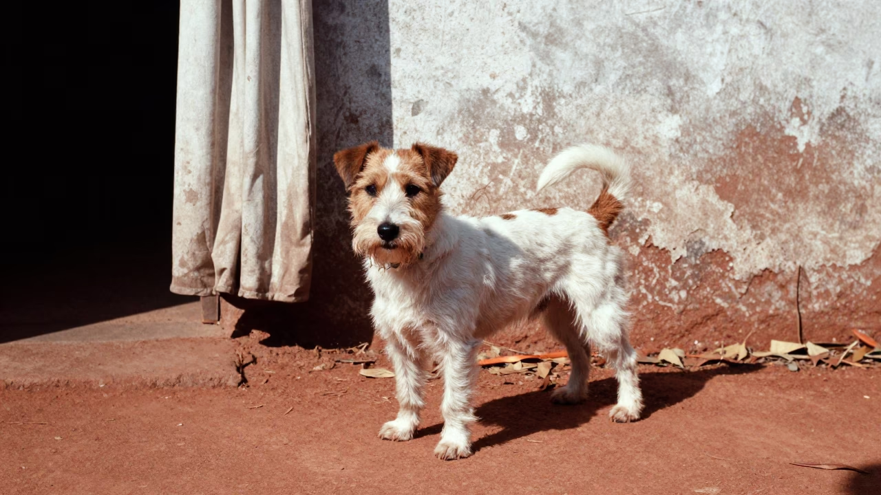 Russell Terrier in Imphal Courtyard with Grainy Texture in beside a plain courtyard wall in clear daylight with the animal at eye level in Imphal